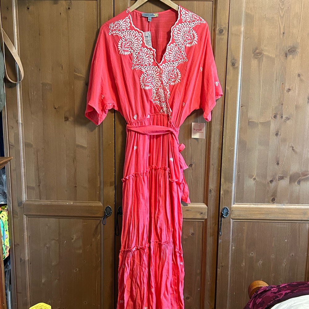 NEW Elegant Coral Embroidered Flowy Dress, Large